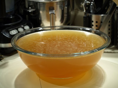 A view of prepared chicken stock, Chicken soup
